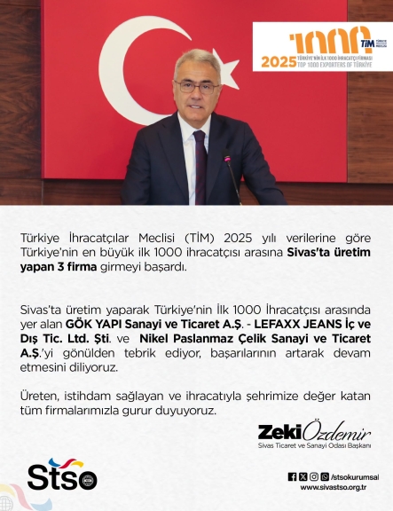 Başkan Özdemir'den İlk 1000 İhracatçı Listesine Giren Firmalara Tebrik